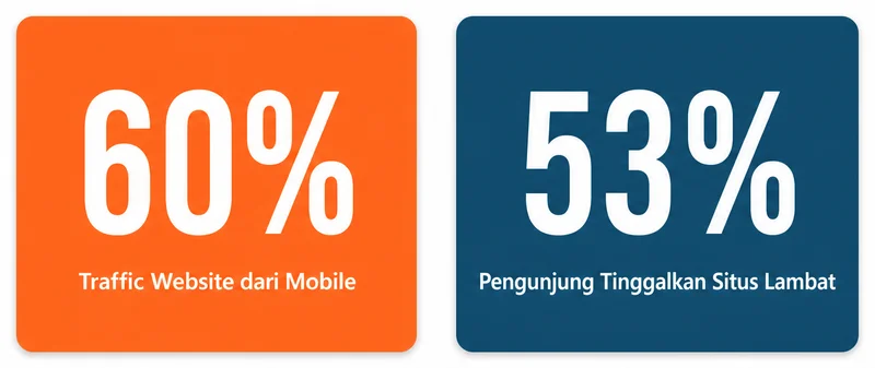 Statistik dampak mobile pada bisnis: 92% pengguna akses via mobile, 60% traffic dari mobile, 53% pengunjung tinggalkan situs lambat