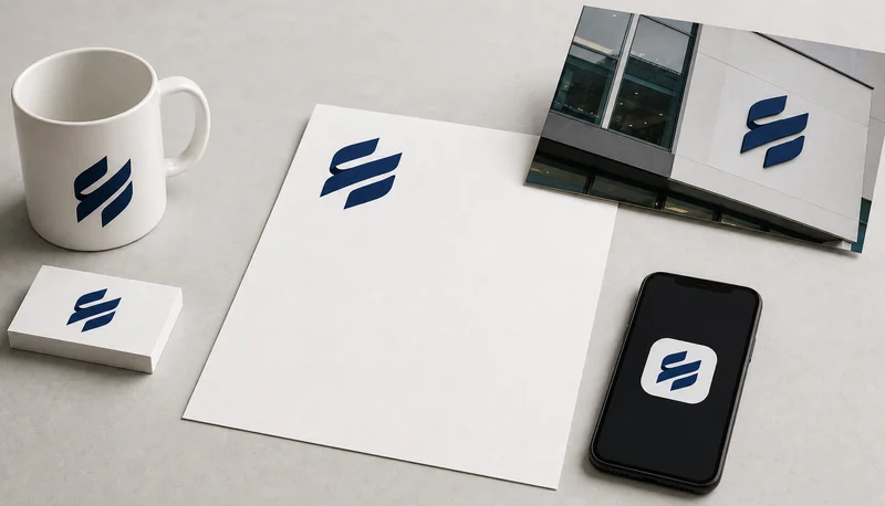 Mockup logo perusahaan diaplikasikan di kartu nama, signage, app icon, dan kemasan