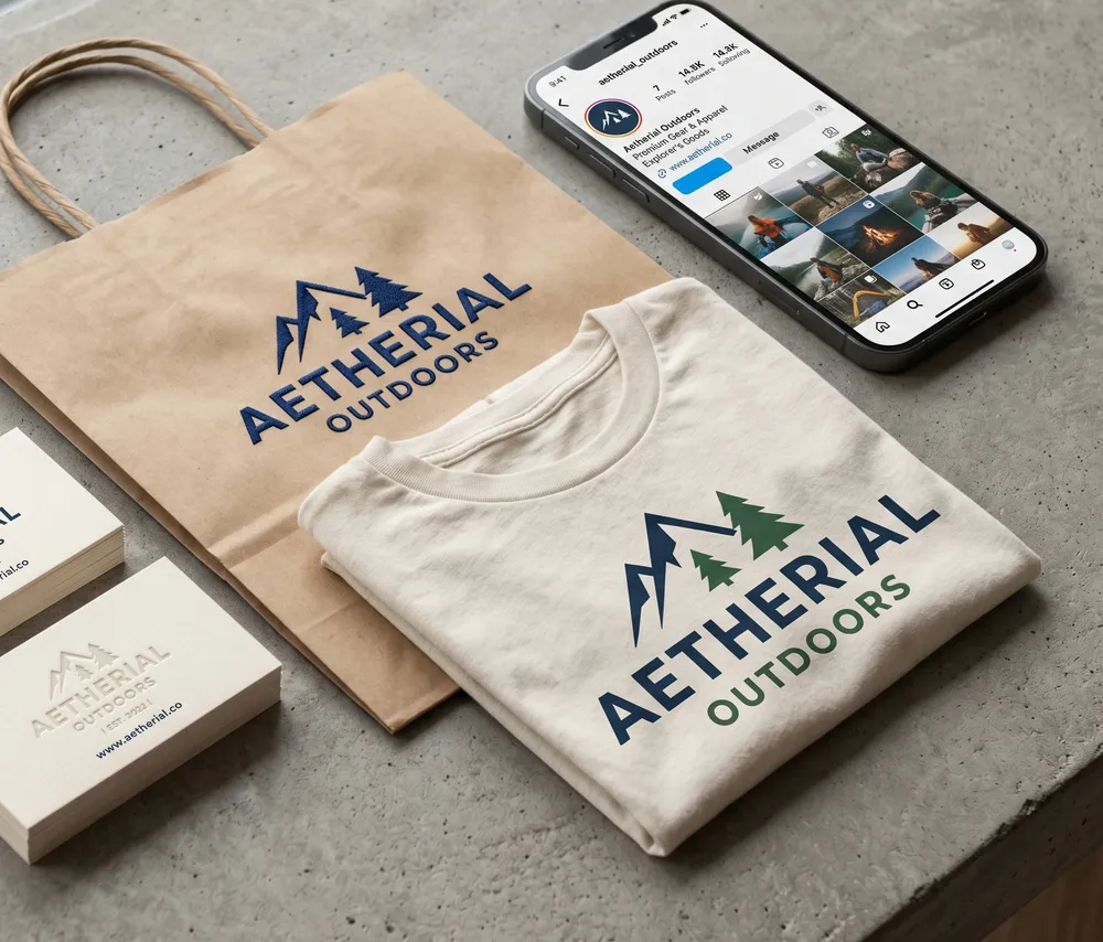 Mockup aplikasi logo usaha di kartu nama, kemasan, dan media sosial
