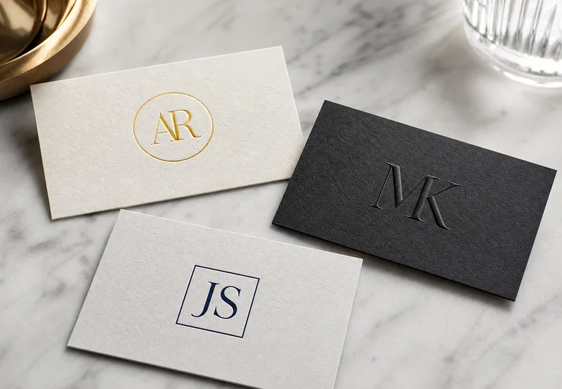 Tiga contoh logo monogram nama orang di kartu nama luxury