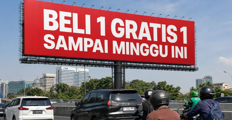 Billboard OOH outdoor di jalan tol Jakarta menampilkan headline iklan beli 1 gratis 1 sebagai contoh out of home advertising