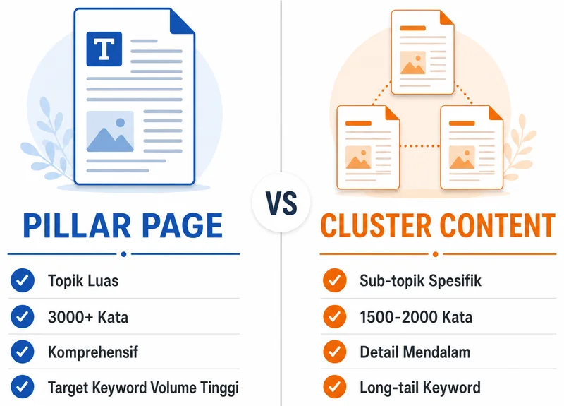 Perbedaan pillar page dan cluster content dalam struktur cornerstone SEO