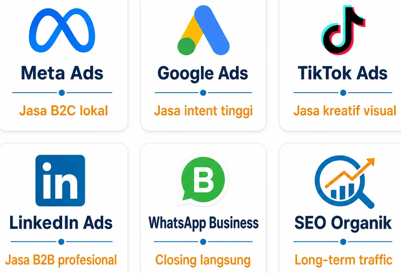 Perbandingan 6 platform iklan jasa: Meta, Google, TikTok, LinkedIn, WhatsApp, SEO