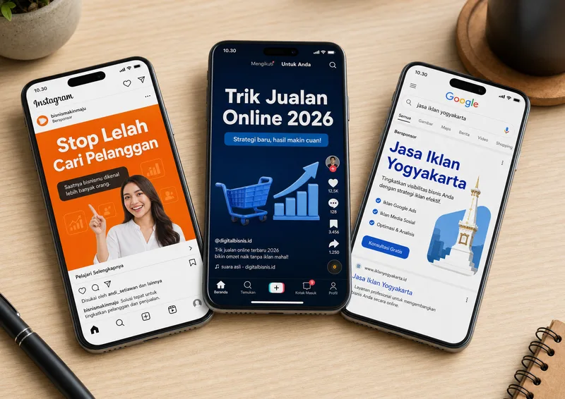 Tiga smartphone menampilkan headline iklan berbeda untuk Instagram TikTok dan Google Search sebagai adaptasi platform