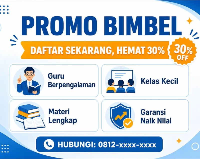 Contoh poster promosi bimbel dengan diskon dan benefit utama