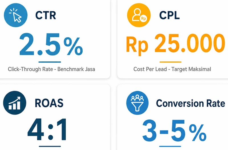 Metrik ROI iklan jasa: CTR, CPL, ROAS, Conversion Rate dengan benchmark Indonesia