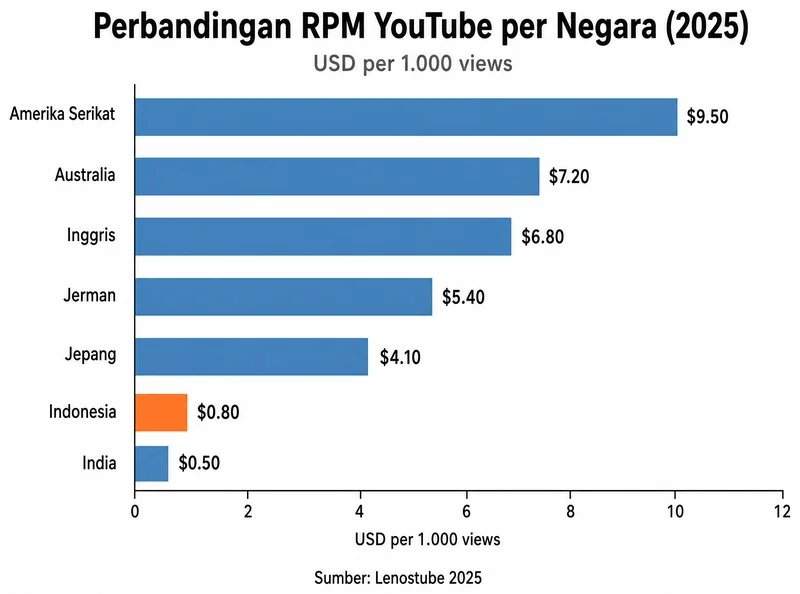 Perbandingan RPM YouTube per negara 2025: Indonesia, India, Jepang, Jerman, Inggris, Amerika