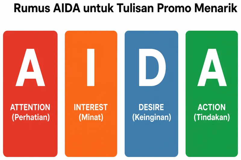 Infografis rumus AIDA untuk tulisan promo menarik dengan empat tahapan