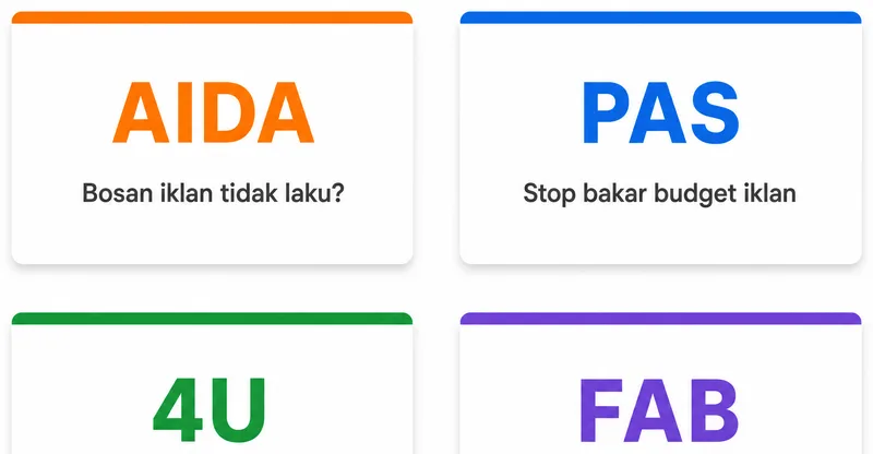 Infografik 4 rumus headline copywriting AIDA PAS 4U FAB dengan contoh headline iklan dalam bahasa Indonesia
