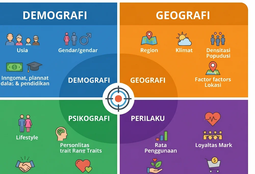 Empat jenis segmentasi market: demografi, geografi, psikografi, dan perilaku