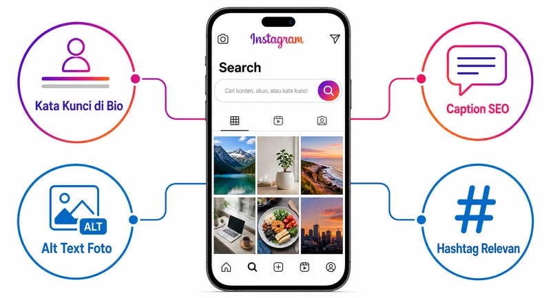 Konsep SEO Instagram dengan kata kunci di bio, alt text, caption, dan hashtag