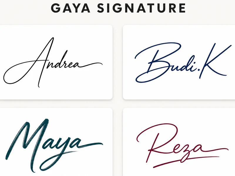 Empat contoh logo nama orang gaya signature dengan berbagai font script