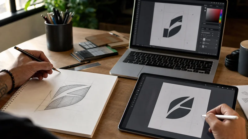 Proses transisi sketsa logo dari pensil ke desain digital