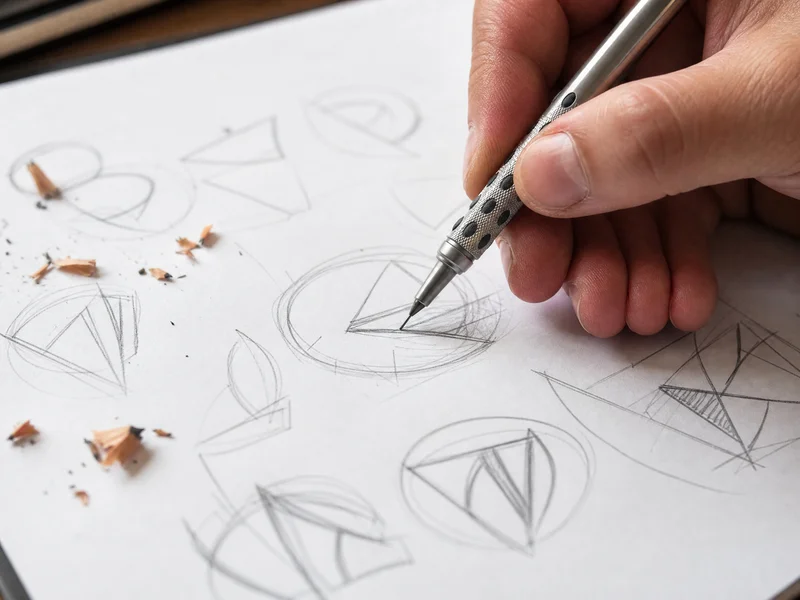Tangan sedang membuat sketsa logo dengan pensil mekanik