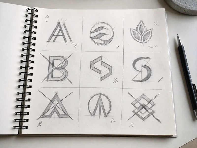 Berbagai variasi sketsa logo simple di atas kertas sketchbook