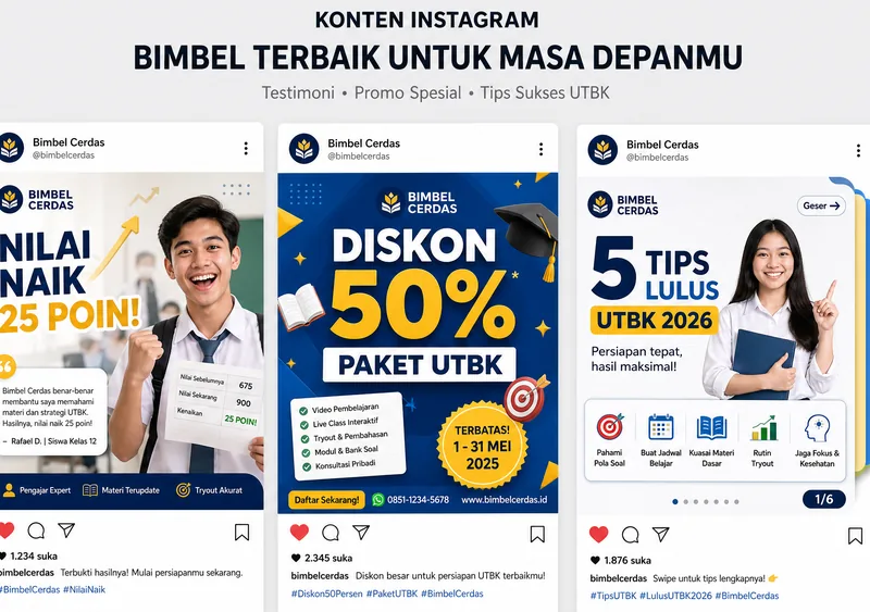 Variasi format konten Instagram untuk promosi bimbel: testimoni, promo, dan tips