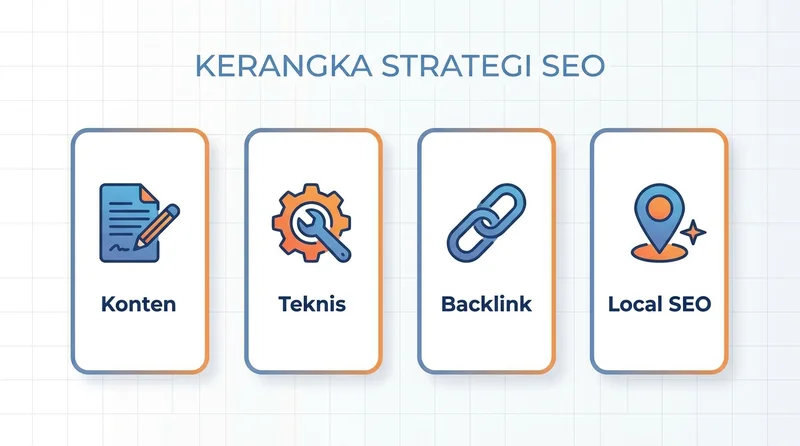 4 pilar strategi SEO Creativism untuk klien KVM Extender: konten, teknis, backlink, local SEO