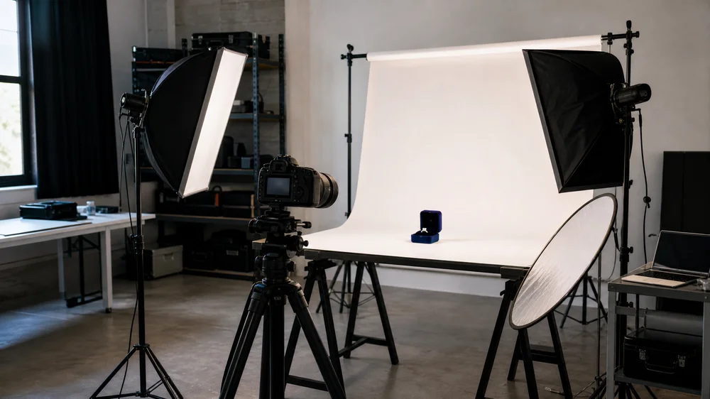 Studio setup foto katalog dengan softbox dan latar putih