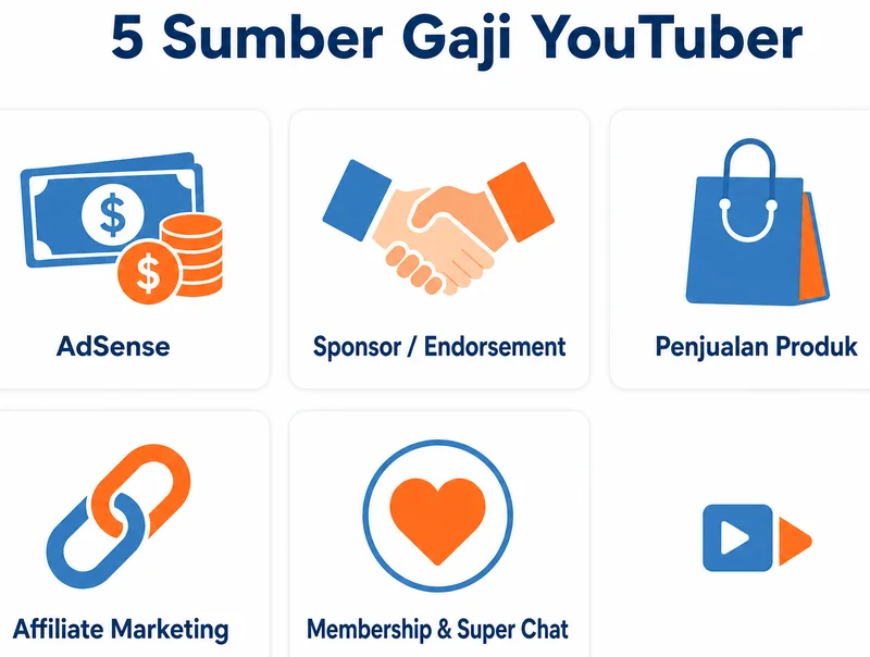 5 sumber penghasilan gaji YouTuber Indonesia: AdSense, sponsor, produk, affiliate, membership