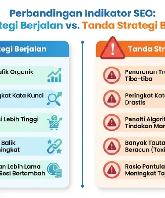 Perbandingan tanda strategi SEO berjalan vs bermasalah