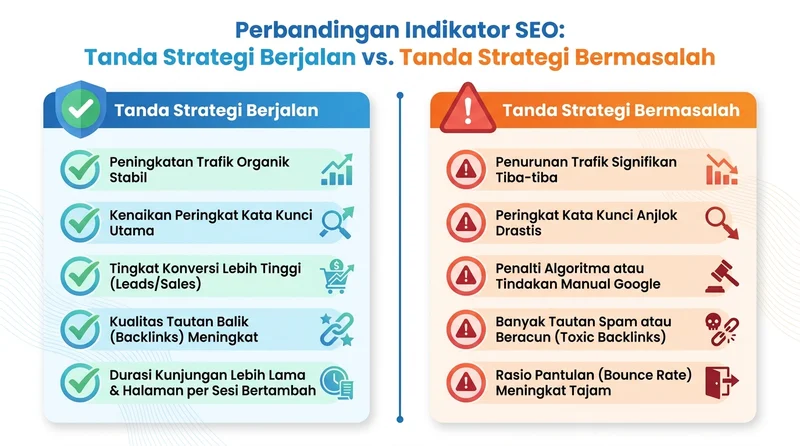 Perbandingan tanda strategi SEO berjalan vs bermasalah