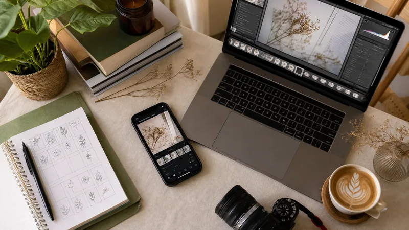 Workspace content creator untuk membuat feed Instagram aesthetic dengan smartphone, laptop, dan kamera