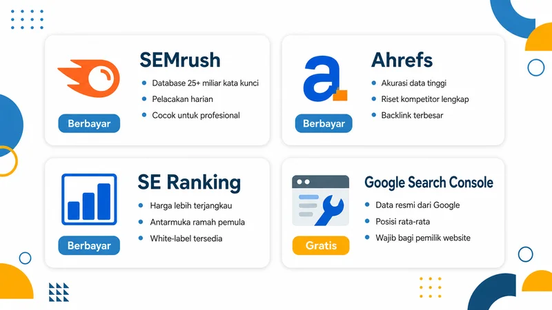Perbandingan tools rank checker SEMrush Ahrefs SE Ranking dan Google Search Console