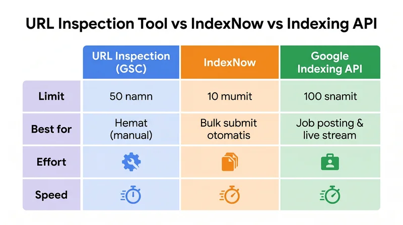 Perbandingan URL Inspection Tool, IndexNow, dan Google Indexing API