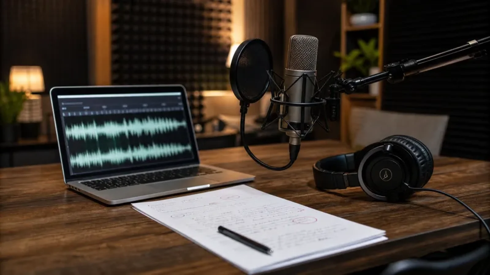 Teks voice over: setup studio rekaman dengan mikrofon, headphone, dan naskah