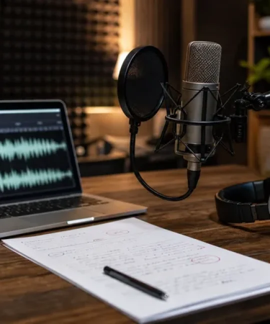 Teks voice over: setup studio rekaman dengan mikrofon, headphone, dan naskah