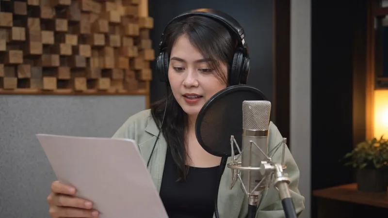Voice talent merekam naskah teks voice over di home studio
