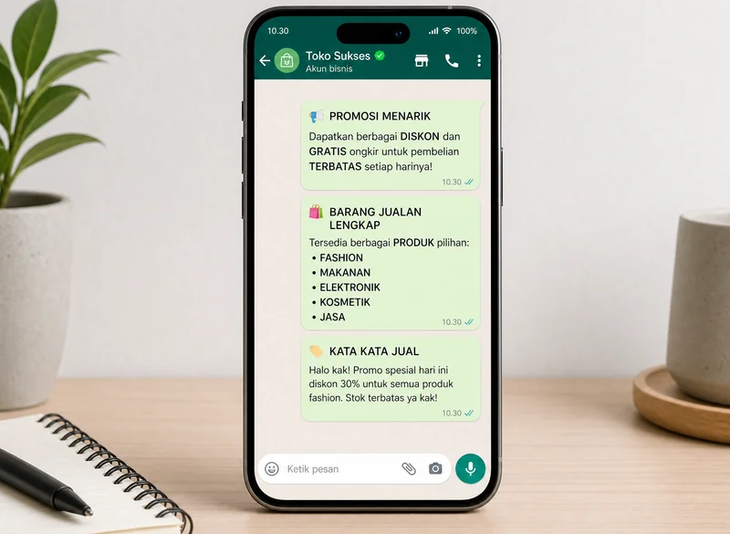 Mockup pesan WhatsApp dengan kata kata promosi barang yang efektif