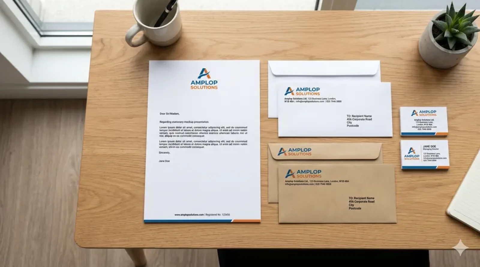 Set amplop perusahaan, letterhead, dan kartu nama dengan branding konsisten di atas meja kerja