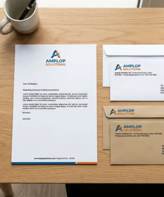 Set amplop perusahaan, letterhead, dan kartu nama dengan branding konsisten di atas meja kerja
