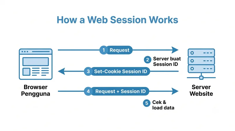 Diagram cara kerja web session antara browser pengguna dan server website