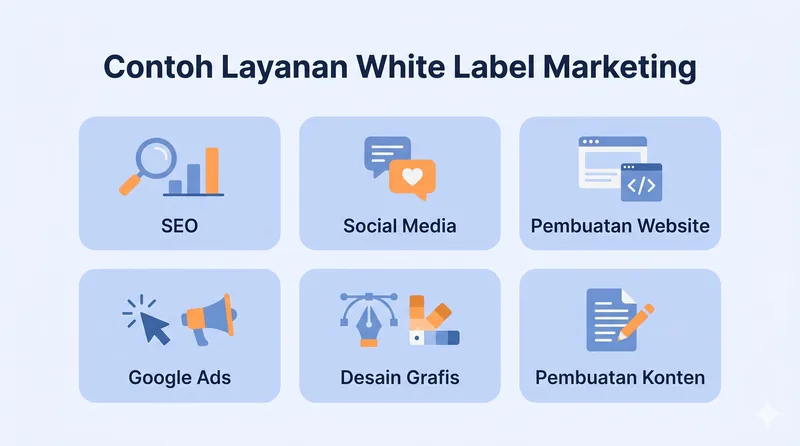 Contoh layanan white label marketing seperti SEO, social media, dan website