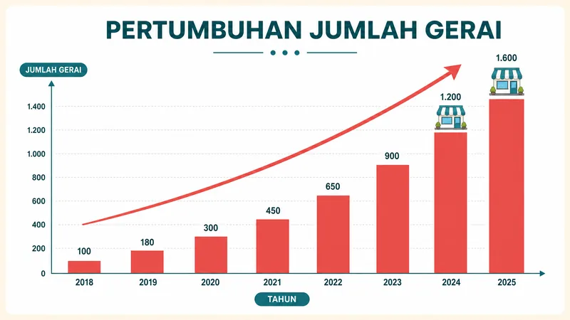 Grafik pertumbuhan jumlah gerai Mixue yang naik pesat dari tahun ke tahun