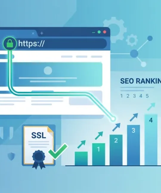 Ilustrasi fungsi SSL untuk SEO, browser HTTPS dengan gembok hijau terhubung ke grafik ranking SEO yang naik