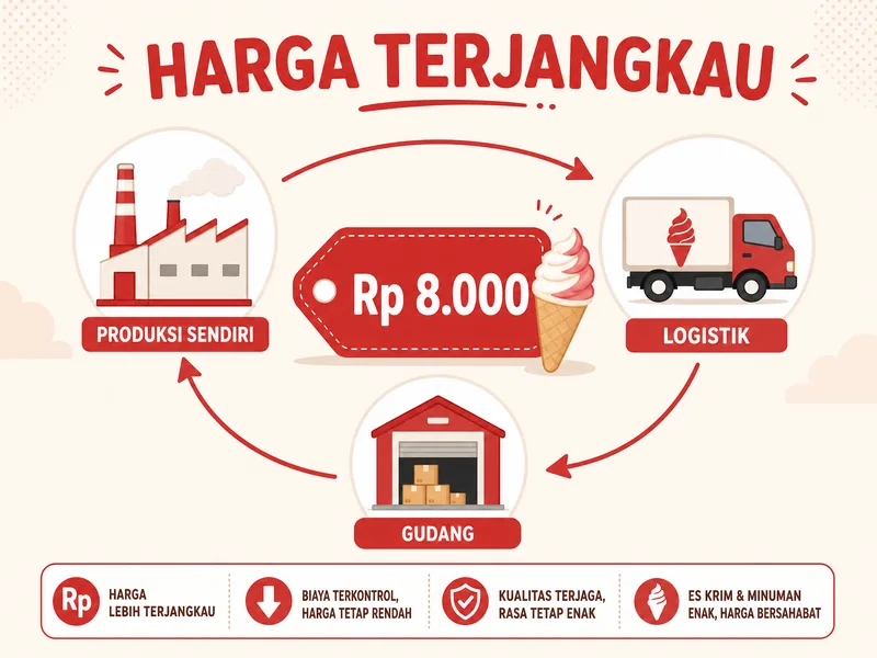 Infografik strategi harga terjangkau Mixue didukung produksi sendiri dan rantai pasok