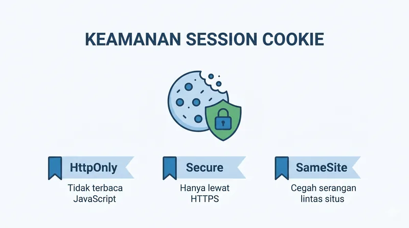 Keamanan session cookie dengan flag HttpOnly, Secure, dan SameSite