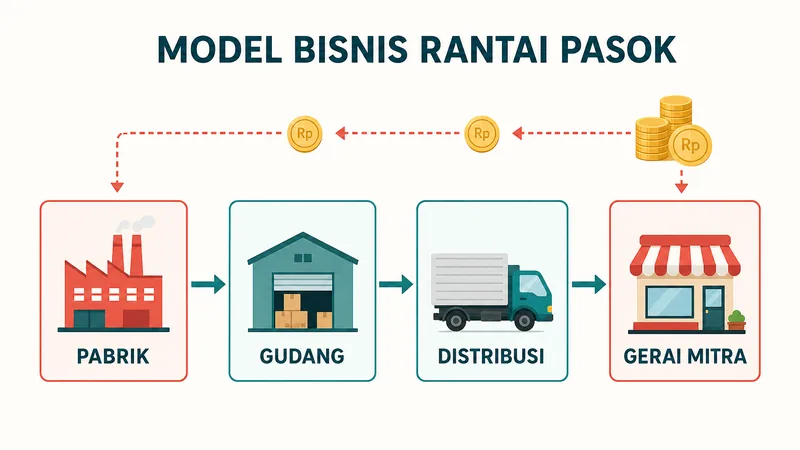 Diagram model bisnis rantai pasok Mixue: pabrik, gudang, distribusi, gerai mitra