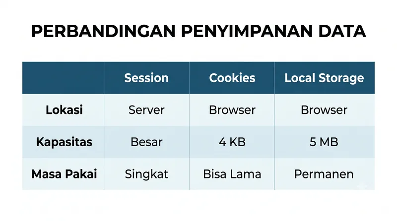 Perbandingan penyimpanan data Session, Cookies, dan Local Storage