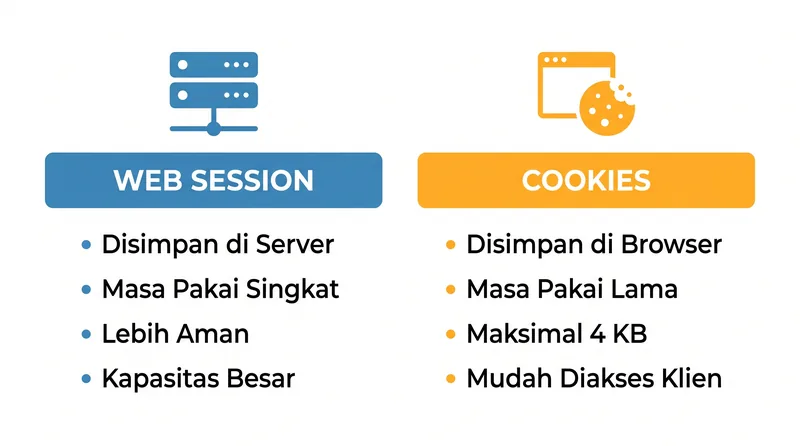 Perbedaan web session dan cookies dari sisi penyimpanan dan masa pakai