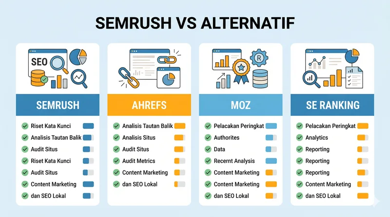 Perbandingan Semrush dengan alternatif Ahrefs, Moz, dan SE Ranking