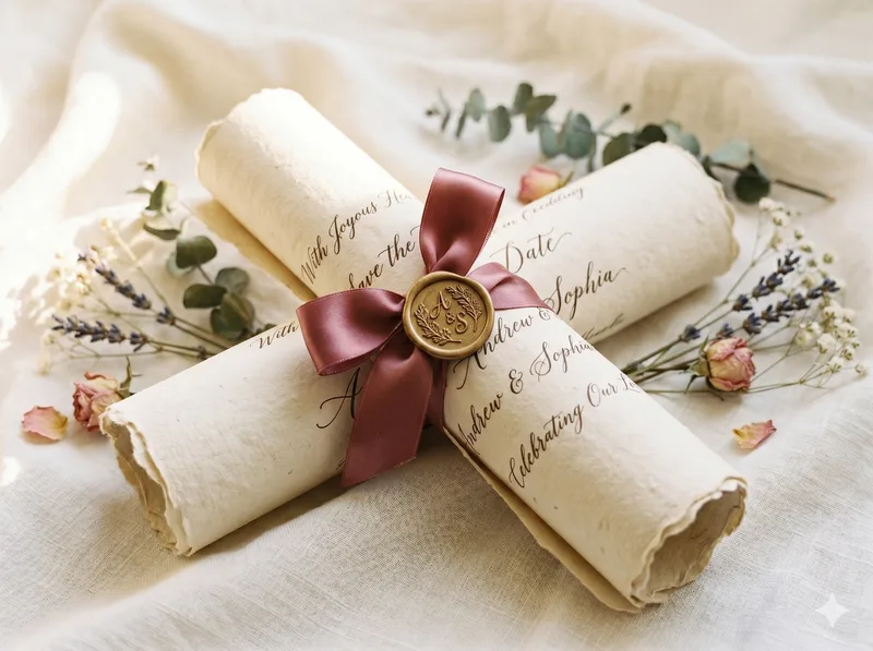 Undangan pernikahan unik berbentuk gulungan scroll vintage