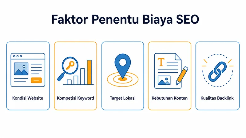 Lima faktor penentu biaya jasa SEO bulanan: kondisi website, kompetisi keyword, target lokasi, kebutuhan konten, dan kualitas backlink