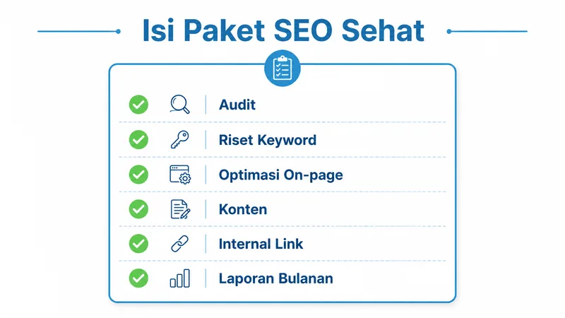 Checklist isi paket SEO bulanan yang sehat: audit, riset keyword, optimasi on-page, konten, internal link, dan laporan bulanan