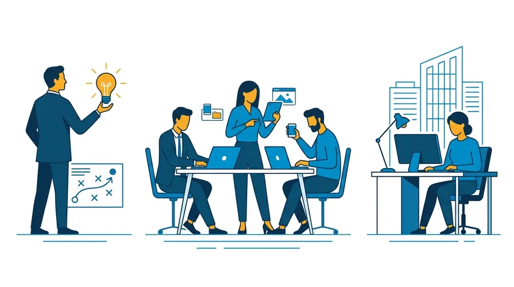 Ilustrasi perbandingan konsultan SEO, agency SEO, dan tim in-house