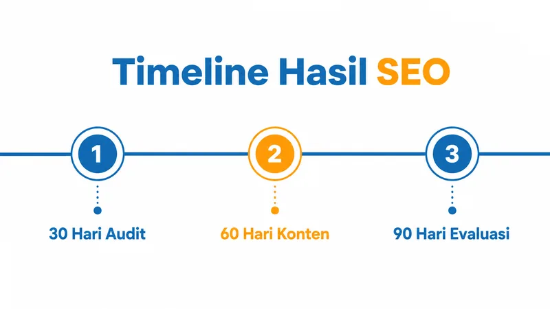 Timeline hasil SEO dibaca dalam fase 30 hari audit, 60 hari konten, dan 90 hari evaluasi