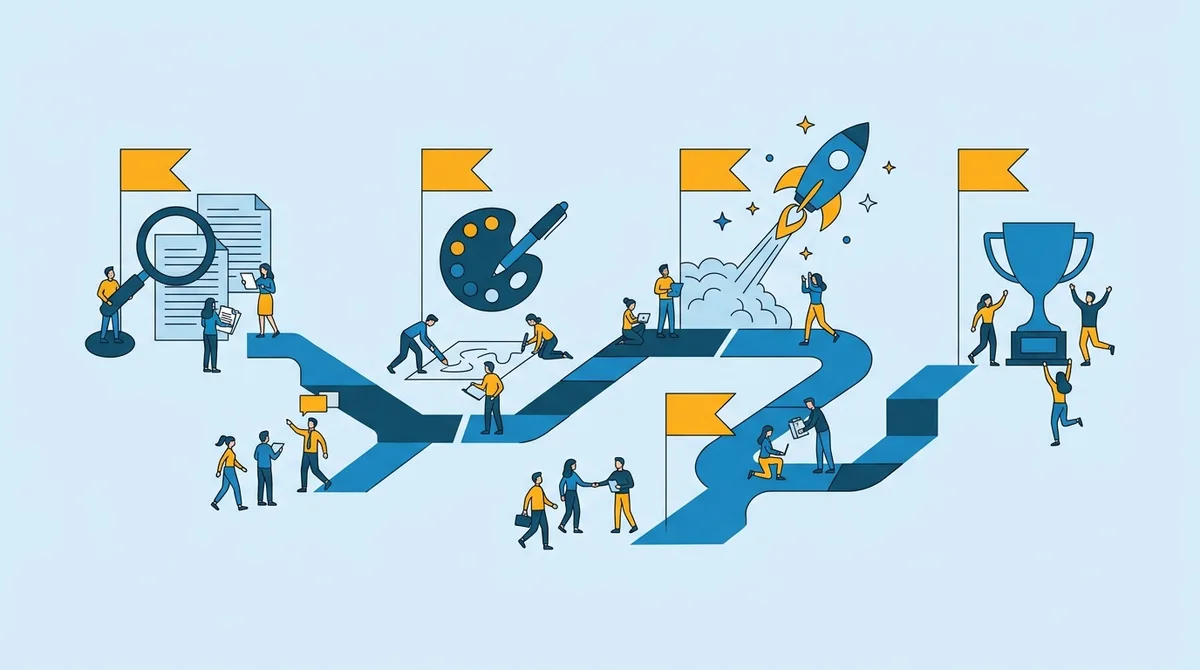 Ilustrasi timeline product launch dari riset, produksi kreatif, peluncuran, hingga hasil